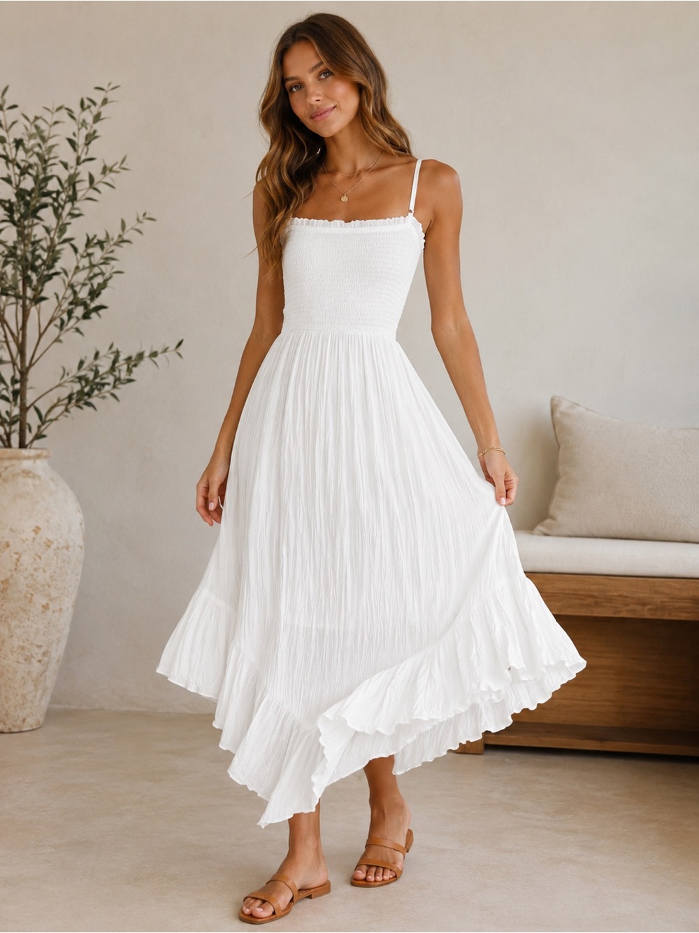 Angie White Smocked Bodice Ruffle-Hem Midi Dress Suze Small
